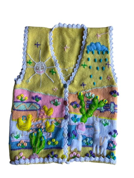 Vintage Other - Kids Girl Vintage Embroidered Spring Cactus Llama Knitted Vest Yellow Size 5T